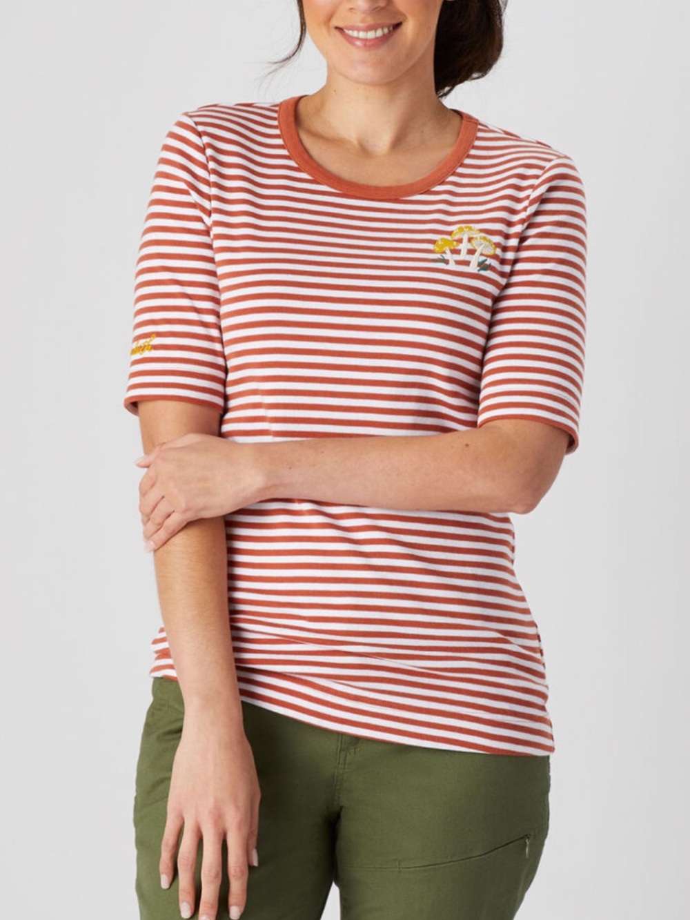 Duluth Trading Co Rust and White Striped Short Sleeve Tee
